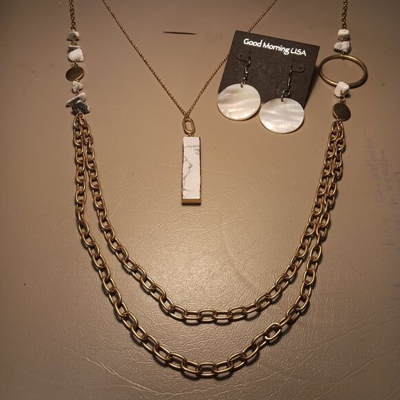 Ava Renee Jewelry - 3 pc jewelry lot - marble tones w/ gold tone necklaces & shell earrings - NWT -